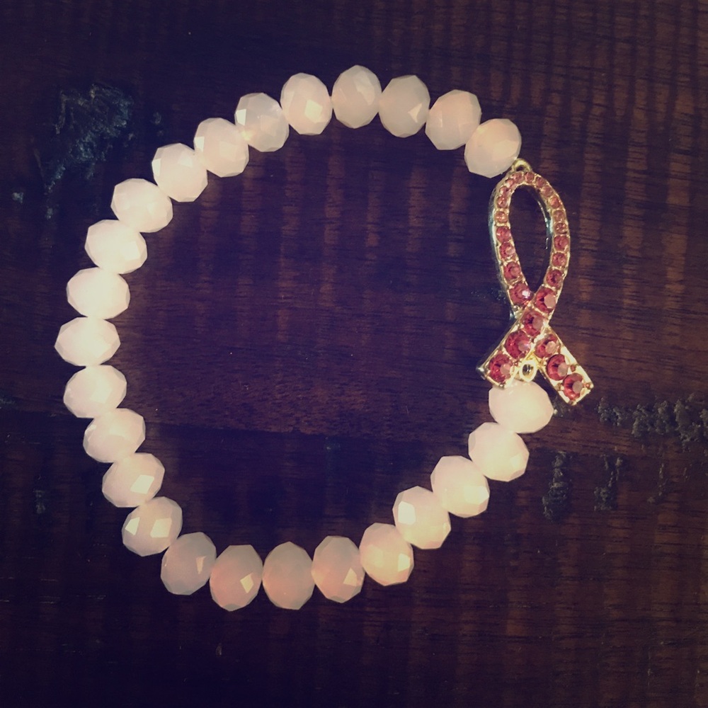 Faceted Rose Quartz Bead Stretch Bracelet with Crystal/Rhinestone Ribbon Charm